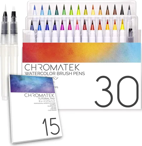 CHROMATEK 30 bolígrafos de acuarela | Bloc tutorial de 15 páginas y serie de videos en línea | Puntas de pincel | Calidad de artista profesional