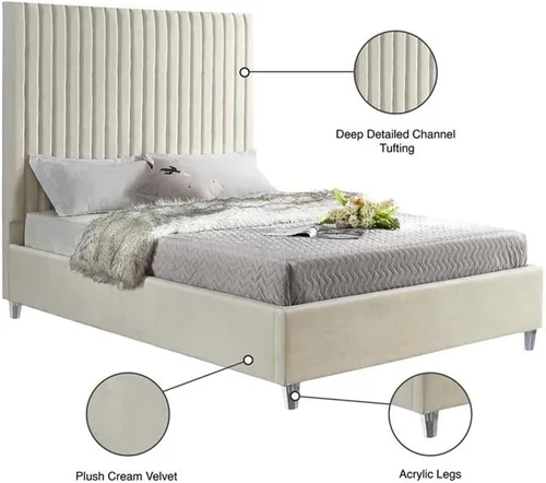 Miniatura 5 de Meridian Furniture CandaceCream-F Colección Candace Moderna Cama matrimonial tapizada de terciopelo contemporánea, tela de terciopelo crema