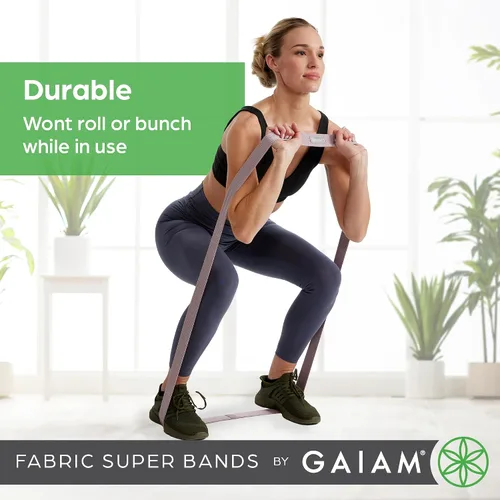 Miniatura 6 de Gaiam Bandas de resistencia de tela (paquete de 3), bandas de ejercicio de goma y poliéster para sentadillas, dominadas, terapia física