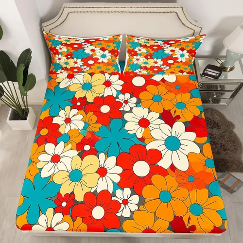 Miniatura 11 de Juego de sábanas ajustadas estilo 70s hippie retro para cama individual, juego vintage de otoño con hojas florales para niños y niños, juego de ropa