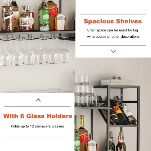 Miniatura 4 de KaKaBB Estante de vino montado en la pared, estantes de metal de 47 pulgadas de 2 niveles con soporte para vidrio, capacidad para 30 botellas y de 6