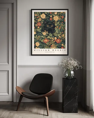 Miniatura 4 de Póster con impresión artística de gato negro, estilo William Morris, floral retro de mediados de siglo, botánico, victoriano, Academia oscura