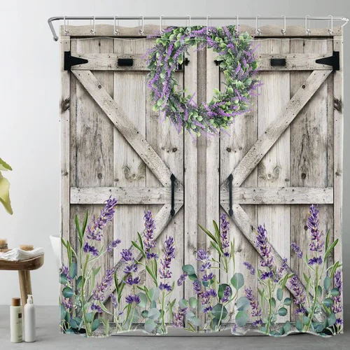 Cortina de ducha con puerta de granero occidental para baño, lavanda púrpura y verde corona de eucalipto en tableros de madera rústica, cortina de