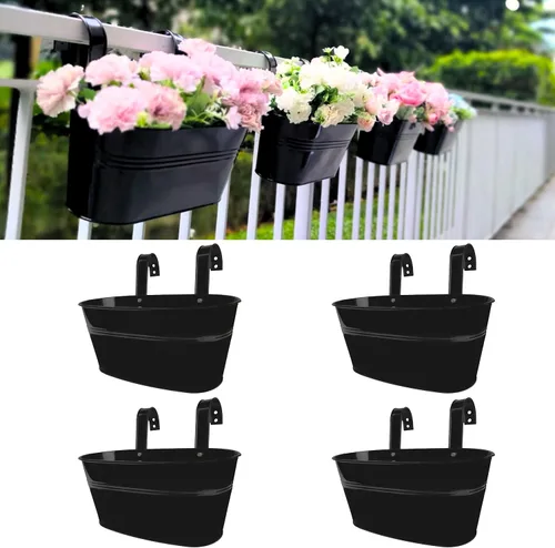 LaLaGreen Jardinera de Barandilla para Exteriores (11.8 Pulgadas, Paquete de 4) Macetas Colgantes de Hierro Negro para Barandillas de Terraza Cubos