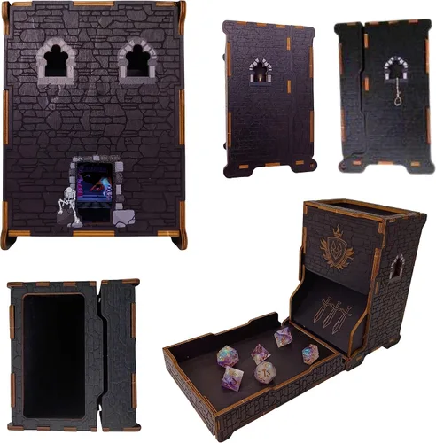Miniatura 2 de FOXBITE Torre de dados para Dungeons and Dragons Tower con bandeja de madera grabada con láser DND portátil y plegable, rodillo de dados perfecto