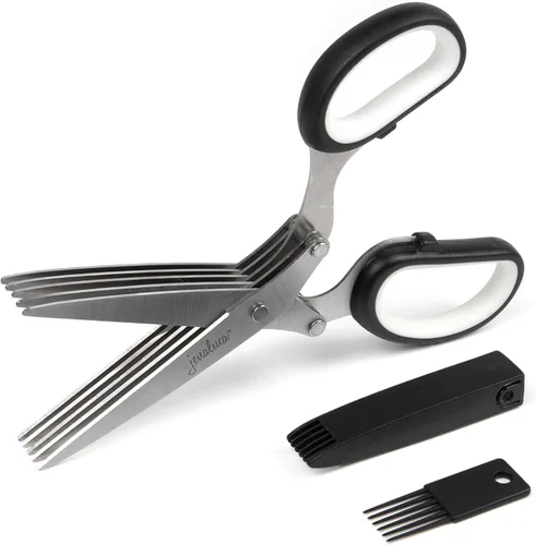Jenaluca Tijeras de hierbas de 5 hojas – Tijeras de ensalada – Corte y corte hierbas frescas y verduras de hoja verde – Juego de tijeras de cocina