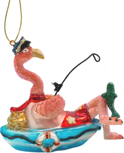 Miniatura 3 de Adorno de cristal para árbol de Navidad de flamenco de pesca, decoración náutica de playa rosa, accesorios para colgar, 5 x 2 x 4 pulgadas
