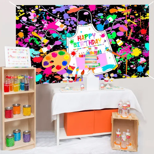 Miniatura 5 de Mocsicka Cartel de cumpleaños de pintura artística para niños, pintemos vestido para un lío, decoración de fiesta, telón de fondo colorido