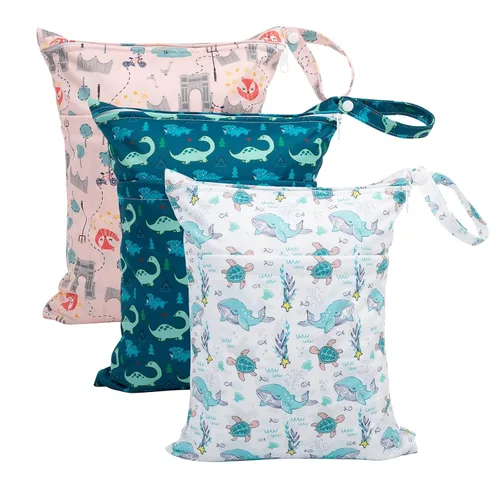 Miniatura 16 de babygoal Bolsas para artículos húmedos y secos, paquete de 3, bolsas de viaje reutilizables impermeables para trajes de baño, pañales de tela
