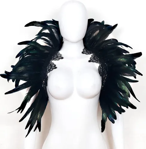 Miniatura 4 de L'VOW Abrigo de plumas negras para mujer, con cuello de encaje, para Halloween, para mujer