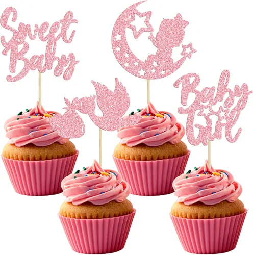 Miniatura 22 de 24 piezas de decoración para cupcakes de baby shower Oh Baby con moño, botella para niño, azul profundo, purpurina para pasteles, decoraciones