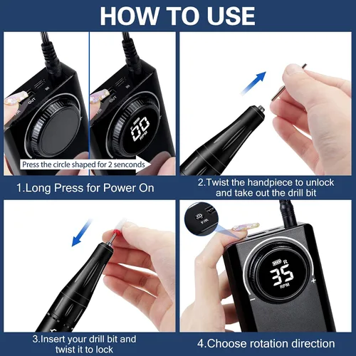 Miniatura 4 de YOKE FELLOW Taladro de uñas profesional - Taladros de uñas de 35000 RPM para uñas acrílicas, máquina profesional de brocas de uñas para eliminación