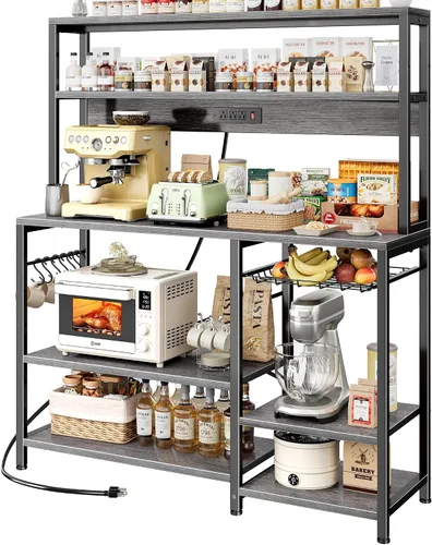 Miniatura 12 de SUPERJARE Estante de panadería con toma de corriente, barra de café de 35.4 pulgadas con canasta de alambre, soporte para microondas de cocina con 6