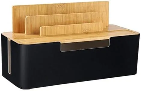 Caja de organización de cables con tapa de madera, organizador multidispositivo para teléfonos/tabletas/relojes inteligentes, organizador de cables
