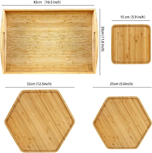 Miniatura 2 de Bandejas de bambú con tablas de cortar 16.5"x11.8" (42x30cm con asa, el set incluye platos de 0.63" (1.6cm) de grosor 1xHexágono 12.5" (32cm) +