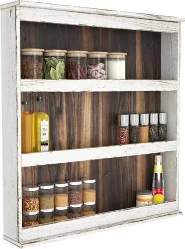Nisorpa Estante de especias de 3 niveles para montar en la pared, estante de especias de cocina de madera rústica quemada para colgar en la pared,