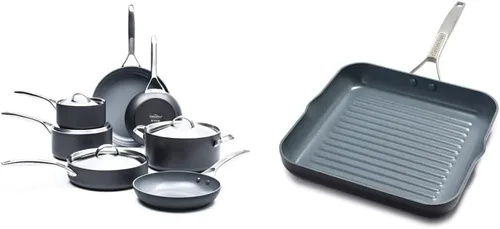 GreenPan Paris Pro - Juego de ollas y sartenes antiadherentes de cerámica anodizada dura, 11 piezas, color gris y Paris Pro anodizado duro, sartén