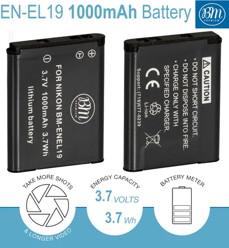 Miniatura 2 de BM 2 EN-EL19 Baterías y cargador para Nikon Coolpix A300, W100, W150, S33, S100, S3100, S3200, S3300, S3500, S3600, S3700, S4100, S4200, S4333 00
