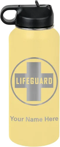 Miniatura 57 de LaserGram Botella de agua personalizada, salvavidas, acero inoxidable de doble pared aislada al vacío con popote superior, regalo grabado Negro