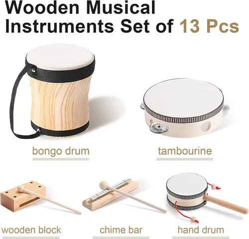 Miniatura 2 de Chumia Juego de instrumentos musicales para niños pequeños, 13 piezas, instrumentos de percusión de madera Montessori con tambor preescolar