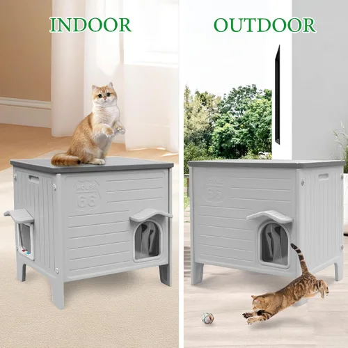 Miniatura 8 de Deblue Casa para Gatos de Exterior Resistente a la Intemperie Grande de Plástico Casas para Gatos con Puerta de Escape Interior Impermeable Refugio
