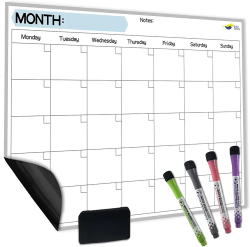 Calendario magnético tipo pizarra blanca de 17 x 12 in, de borrado en seco y a prueba de manchas y rayones, incluye 4 marcadores de borrado en seco