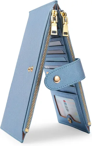 GOIACII Cartera para mujer con bloqueo RFID plegable para tarjetas de crédito con 2 bolsillos con cremallera, B18 Azul perlado, Classic