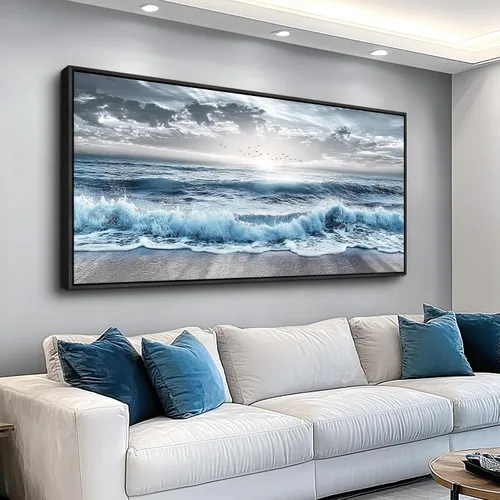 Miniatura 12 de ERQINHUA Gran decoración de pared para sala de estar, arte de pared en lienzo para restaurante, decoraciones para oficina, pinturas de mar azul