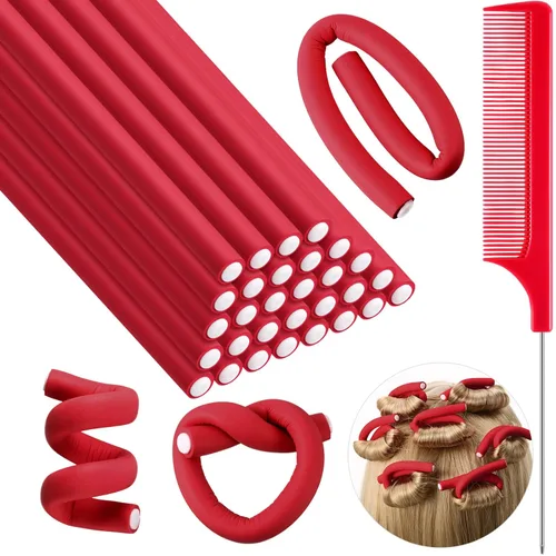 Syhood - 30 piezas de varillas rizadoras flexibles, rulos de cabello con espuma suave sin calor y 1 peine de cola de rata de acero para mujeres con