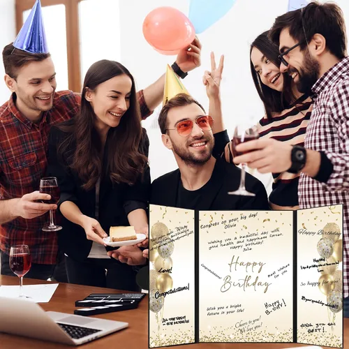 Miniatura 7 de DARUNAXY Decoraciones de Fiesta de Cumpleaños Negro Dorado, Libro de Visitas Alternativo Jumbo Feliz Cumpleaños para Hombres Mujeres Brindis por 30