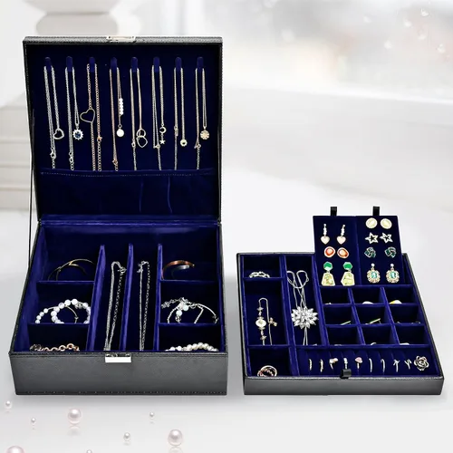Miniatura 7 de ProCase Joyero para mujer, 2 capas de cuero grande, organizador de joyas, estuche de almacenamiento con almohadilla extraíble para aretes