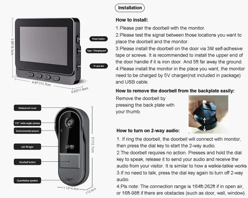 Miniatura 6 de TKMARS Timbre de puerta inalámbrico con video, con video HD 1080P, audio bidireccional, ángulo de 170°, pantalla de 4.3 pulgadas, IPX65 impermeable
