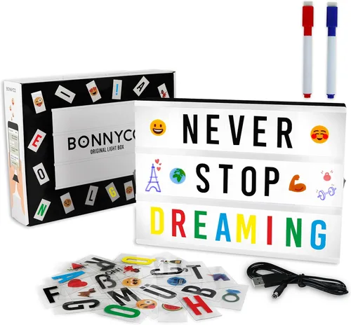 BONNYCO Caja de luz de cine con 400 letras, símbolos, emojis, 2 marcadores y USB. Caja de luz LED para decoración del hogar, decoración de