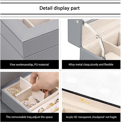 Miniatura 4 de Voova Joyero organizador de cajas de reloj para hombres y mujeres 2 capas grandes de 12 ranuras de piel sintética estuche de almacenamiento
