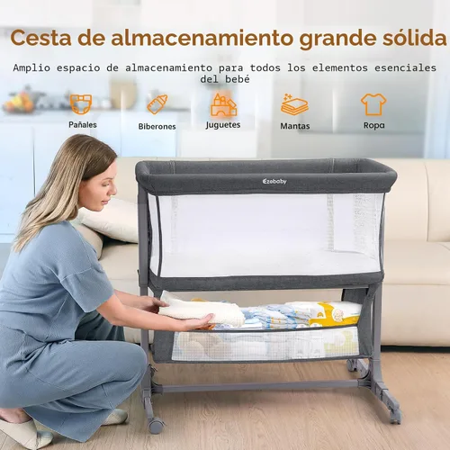 Miniatura 4 de Ezebaby Cuna junto a la cama para bebé, moisés portátil junto a la cama para recién nacidos con ruedas, cesta de almacenamiento, ajustable a 7 Gris