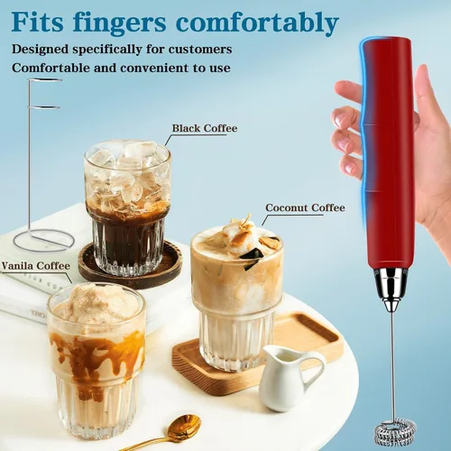 Miniatura 4 de Espumador de leche de mano con soporte, batidor eléctrico de 3 velocidades ajustables, mezclador de bebidas con batidor de acero inoxidable 3, Rojo