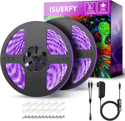 Kit de tira de luz LED negra impermeable IP65 de 40 pies/39.4 ft, 720 LED, accesorios de luz negra flexible de 12 V, 385-400 nm, tiras LED de luz