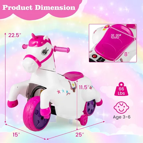 Miniatura 6 de OLAKIDS 2 en 1 motocicleta y caballo, unicornio de 6 V, juguete de paseo con batería con función de arriba y abajo, MP3, pantalla de potencia, Rosa