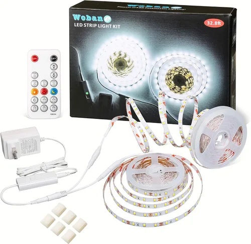 Miniatura 12 de WOBANE - Tira de luces LED blancas, kit de tira de luz LED regulable, 16.4 pies de luces en cinta flexible para dormitorio, cocina, debajo