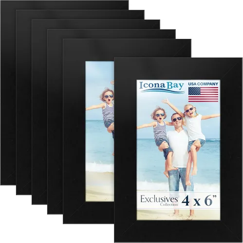 Icona Bay Marcos de fotos 4" x 6" (negro, 6 unidades), marcos de fotos de madera compuesta resistente 4 x 6, diseño elegante, para mesa o montaje en