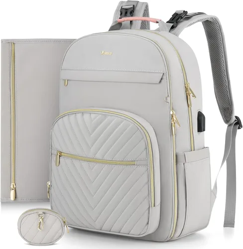 Miniatura 18 de MOMUVO Mochila para pañales, bolsa de bebé acolchada con cambiador, correas para cochecito y funda para chupete, bolsas de pañales de viaje grandes