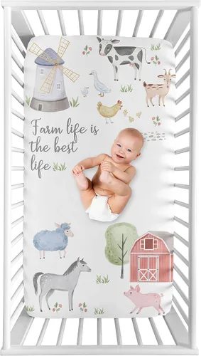 Miniatura 9 de Sweet Jojo Designs Sábana bajera ajustable de animales de granja para cuna portátil para cuna o paquete y juego - Acuarela de granja caballo, vaca