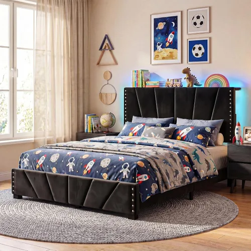 Miniatura 16 de EnHomee Base de cama de plataforma individual con cabecera ajustable tapizada de terciopelo, luces LED y estación de carga para dormitorio, Beige