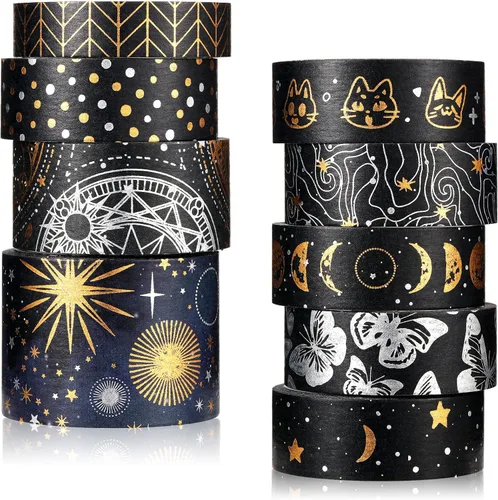 Tinlade Juego de 9 rollos de cinta washi de libro vintage, diseño gótico, plateado, dorado, cinta adhesiva de mariposa, estrella, luna, estética