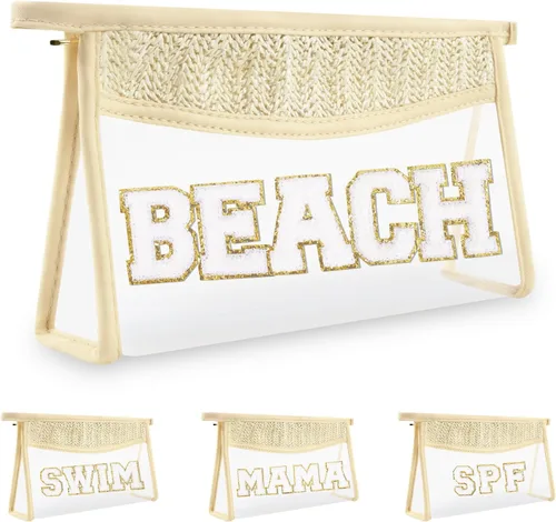 Miniatura 11 de Iqimott 2 bolsas de maquillaje con parches transparentes, bolsa de letras boho para nadar en la playa, bolsas de maquillaje impermeables