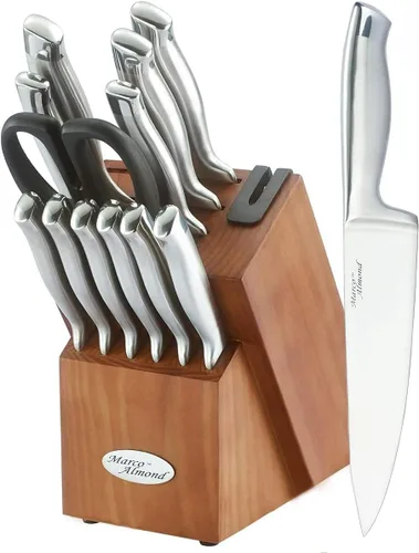 Marco Almond® Juego de bloque de cuchillos, set de cuchillos KYA26 con bloque, juego de 14 piezas de cuchillos de chef de acero inoxidable con