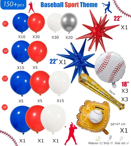 Miniatura 5 de Kit de arco de guirnalda de globos de béisbol de 150 piezas, globos de papel de aluminio rojos, azules, blancos, plateados y con estrella de bate