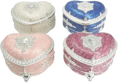 Miniatura 6 de ROSIKING Caja de música de aleación de metal en relieve en forma de corazón azul, caja musical antigua para joyería con cuerda, regalos
