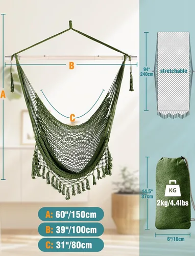 Miniatura 4 de Chihee - Silla de Hamaca Extra Grande, Sillas Colgantes Suavemente Tejidas con Cuerda de Algodón, Barra de Metal Plegable y Resistente, Asiento
