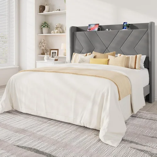 Miniatura 11 de Allewie Base de cama de plataforma de tamaño matrimonial con estación de carga y estante de almacenamiento, cabecera tapizada de terciopelo con Negro